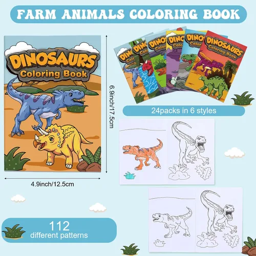 Vista 3 de Nezyo Paquete de 24 mini libros para colorear de dinosaurios a granel, pequeños folletos de actividades con 84 diseños, 14 páginas cada uno