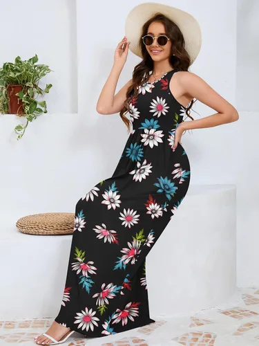 Vista 5 de DEARCASE Vestido largo de verano sin mangas para mujer, con bolsillos E10-floral Negro Azul