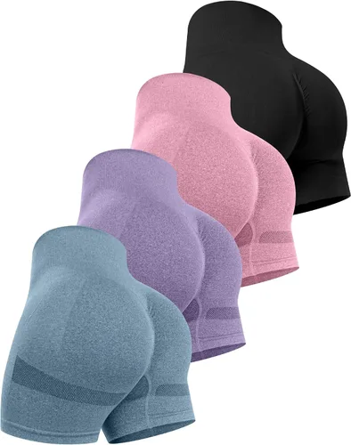 Vista 26 de CHRLEISURE Pantalones Cortos de Entrenamiento para Mujer, 4 Paquetes, Cintura Alta, Levantamiento de Glúteos con Fruncido, Pantalones Cortos Booty
