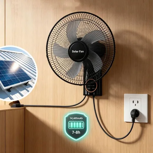 Vista 3 de Ventilador solar para exteriores de 16 pulgadas con control remoto, ventilador solar de montaje en pared, 5 aspas, 3 velocidades, temporizador