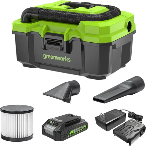 Vista 10 de Greenworks Aspiradora inalámbrica de 24 V sin escobillas de 3 galones con manguera, herramienta para hendiduras, boquilla de piso, batería de 4.0 Ah