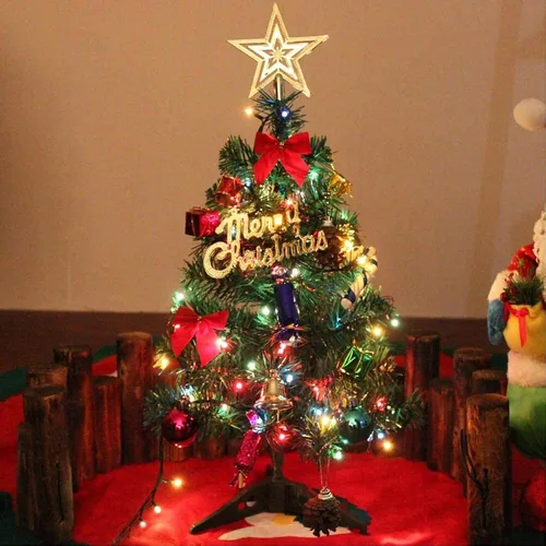 Vista 9 de Mini árbol de pino artificial de Navidad de 18 pulgadas con luces LED y adornos (árbol verde, luz multicolor)