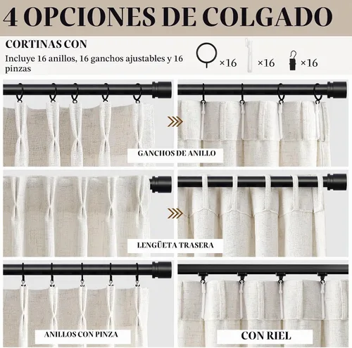 Vista 4 de Jowels Cortinas de lino plisadas naturales con memoria de 96 pulgadas