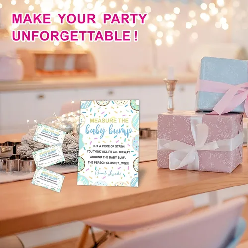 Vista 3 de Measure The Baby Bump Juego Set para Baby Shower – Tema de donut How Big is Mommy's Belly Sign, 1 letrero de pie con 50 boletos, revelación