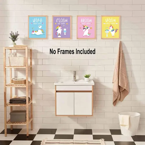 Vista 2 de Divertida decoración de baño de unicornio, bonitas pinturas de regalo para niños, cepillo de lavado, unicornio arco iris para niñas, impresiones