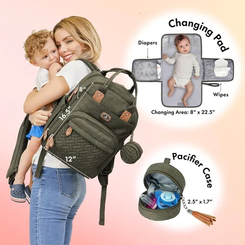 Vista 2 de Dikaslon Mochila para pañales con cambiador portátil, funda para chupete y correas para cochecito, bolsas de bebé unisex grandes para niños y niñas