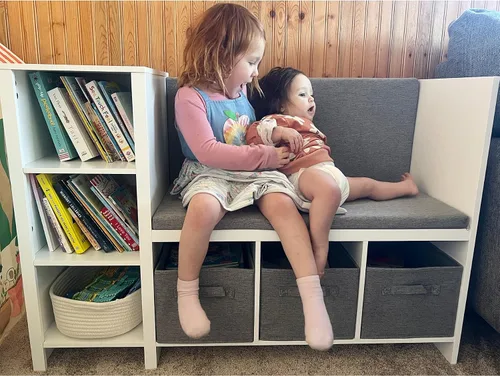 Vista 7 de UTEX Banco de lectura para niños con estantería, estantería para niños y organizador de almacenamiento con cojín de asiento, banco de lectura