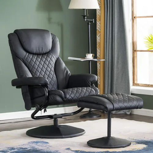 Vista 2 de Mcombo Sillón reclinable con otomano, silla reclinable con masaje, silla giratoria de 360 grados para sala de estar de piel sintética, 4901 (Negro)