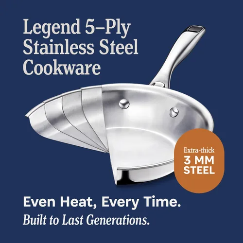 Vista 3 de LEGEND COOKWARE Cacerola de acero inoxidable de 5 capas de 2 cuartos de galón con tapa, compatible con inducción, apta para horno a 800 °F,