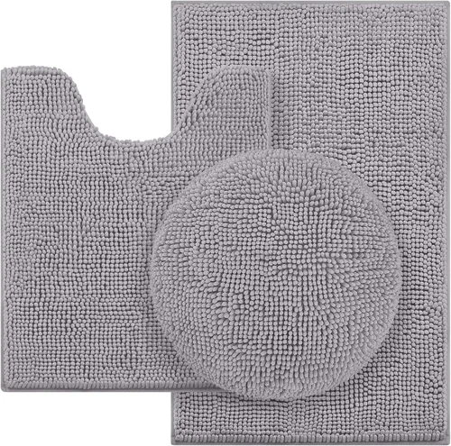 Vista 15 de HOMEIDEAS Juego de alfombras de baño negras de 3 piezas, alfombras y tapetes de felpilla de mantequilla, peludos, absorbentes, antideslizantes