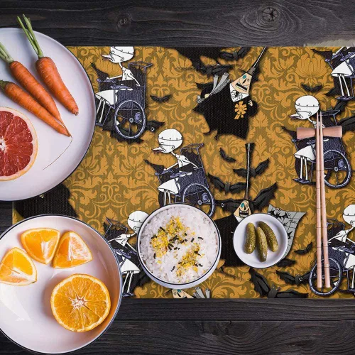Vista 5 de Juego de 4 manteles individuales de Halloween, con temática de pesadilla, resistentes al calor, lavables, para cocina, mesa de comedor, manteles