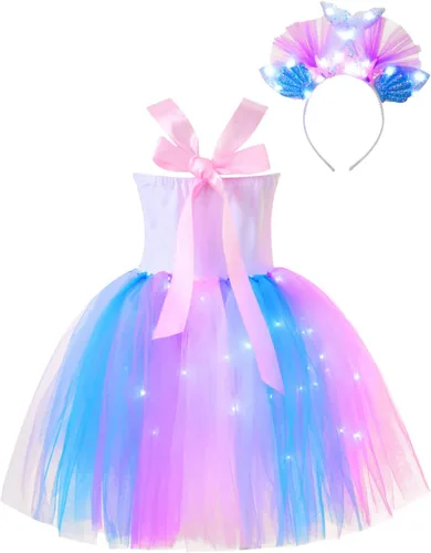 Vista 2 de MSemis Lighting Up - Disfraz de sirena de cumpleaños para niñas pequeñas, vestido de tutú metálico con diadema