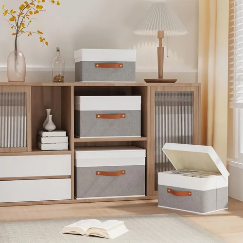 Vista 2 de Contenedor de almacenamiento de tela, cesta de almacenamiento con tapas, caja organizadora de armario con asas para zapatos, libros, toallas, blanco