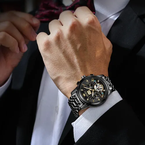Vista 4 de OLEVS Relojes automáticos para hombres, reloj de pulsera mecánico de esqueleto de lujo dorado con cuerda automática, diamante luminoso, impermeable