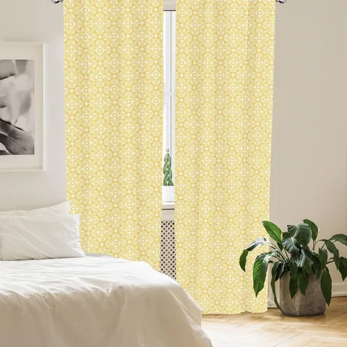 Vista 4 de Lunarable Yellow and White Window Curtains, Rococo Blooms Damask Motifs with Moroccan Effects Work of Art Print, Lightweight Decor 2-Panel Set with