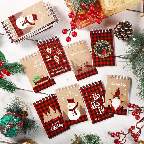 Vista 5 de Funrous 24 Piezas Mini Blocs de Notas en Espiral de Navidad, Tema Navideño de Cuadros Búfalo, Mini Bloc de Notas Pequeño con Patrón de Muñeco