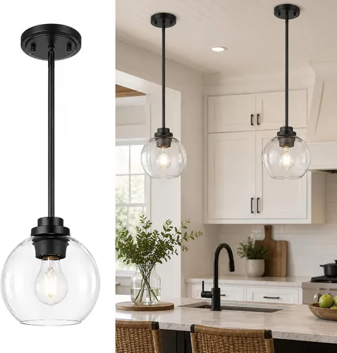 Vista 25 de Luces Colgantes para Isla de Cocina, 7" Luminarias Colgantes Negras y Doradas con Pantalla de Globo de Vidrio Transparente, Iluminación Moderna