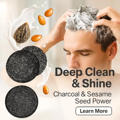 Vista 2 de Set de jabón negro herbario para el cabello, con extracto de ginseng, polvo de carbón y semilla de sésamo, aspecto oscuro natural, apoya el cabello