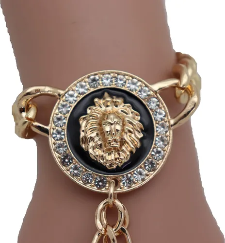 Vista 4 de Pulsera de cadena de mano para mujer, diseño de león, anillos de esclavo, metal dorado, Metal
