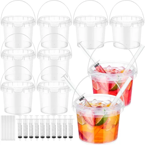 Vista 9 de Willinglong Juego de 20 cubos de plástico transparente de 16 onzas para bebidas con pajitas, tapas y jeringas para bebidas, tazas de café helado