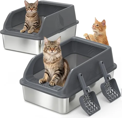 Vista 10 de Pequeña caja de arena de acero inoxidable con tapa para gatitos, cajas de arena de metal para gatos con laterales altos cerradas para gatos