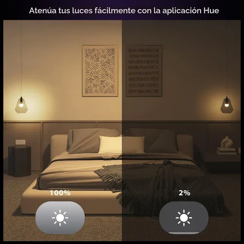 Vista 4 de Philips Hue Essential - Bombilla LED inteligente A19, ambiente blanco y color, base E26, 8.8W, 2200K-6500K, 800 lúmenes, regulable, funciona