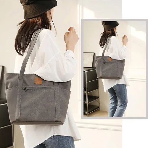 Vista 2 de DOURR Bolsos de hombro para mujer, bolsa de lona resistente para trabajo, bolsa de cubo retro