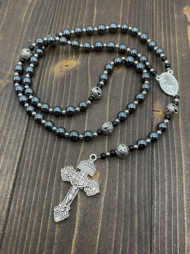 Vista 4 de Nazareth Store Pardon Hematite - Rosario para hombre cuentas negras de acero inoxidable medalla milagrosa y cruz de nuestro padre 20 pulgadas