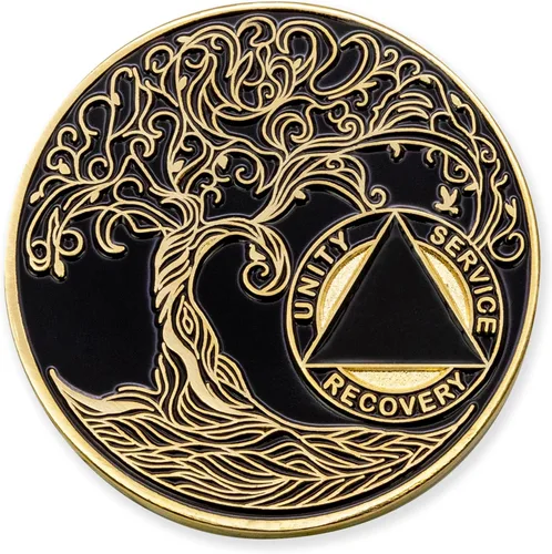 Vista 197 de 1 año Sobriety Mint Twisted Tree of Life Medallón de recuperación AA chapado en oro, chip/ficha - negro