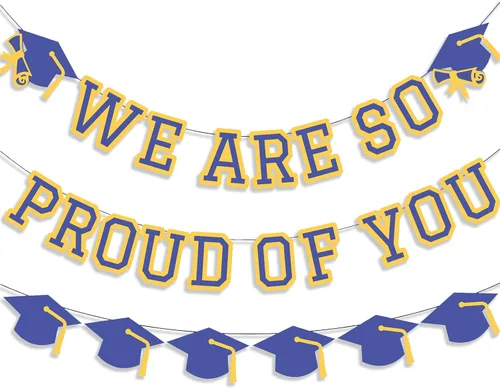 Vista 14 de Letrero con texto en inglés «We Are So Proud Of You», decoración de fiesta de graduación, guirnalda de tapa de felicitaciones, letrero de pared, Azul