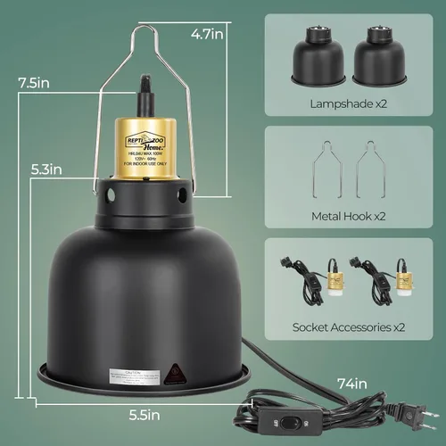 Vista 6 de Paquete de 2 lámparas de reptiles, lámpara de calor de reptiles de cúpula profunda de 5.5 pulgadas con interruptor, lámpara de terrario dual UVB