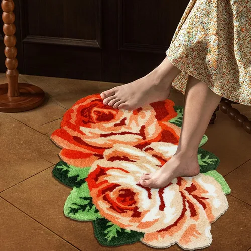 Vista 7 de USTIDE Bonita alfombra de baño de rosas para baño, alfombra de baño naranja de lujo, antideslizante, con forma de flor, alfombra de ducha de felpa