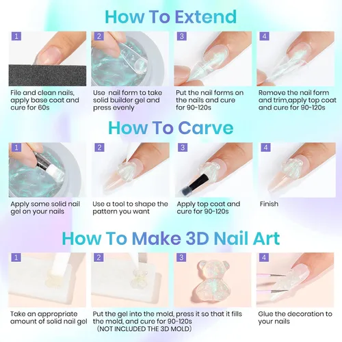 Vista 8 de MIZHSE Gel constructor sólido para uñas, 2 unidades de 1 onza de perlas de sirena y gel duro transparente con formas de uñas, molde 3D, remojado, U