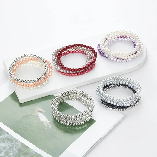 Vista 6 de Noessla Pulsera elástica de perlas con cuentas de plata, apilables, pulseras de cuentas de cristal, joyería de moda, regalo para el día de la madre