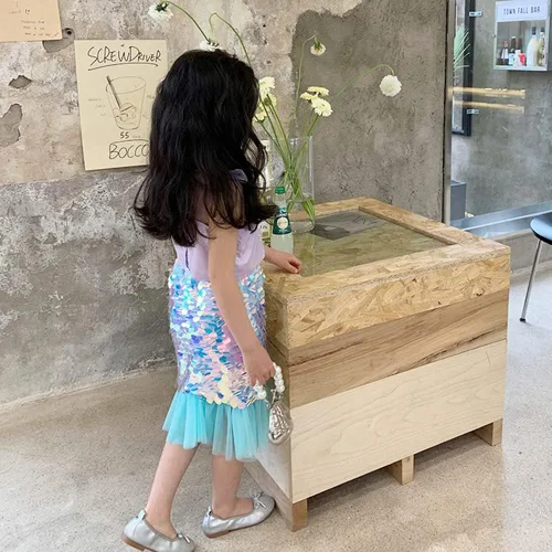 Vista 3 de Vestido de lentejuelas con cola de sirena para bebés y niñas, vestido de tul para cumpleaños, vestido casual de playa, ropa de fiesta
