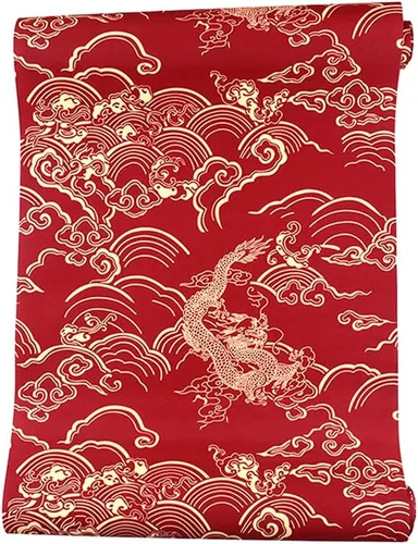 Vista 4 de Q QIHANG Papel pintado de estilo rojo chino Patrón de dragón clásico Zen Hotel Restaurante Sala de estar Nubes auspiciosas Fondo de TV Fondo