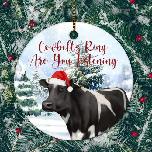 Vista 4 de Adorno redondo de cerámica de Navidad de recuerdo, anillo de campanas de cerveza, animal de vaca, árbol de nieve, adorno de 3 pulgadas para fiesta