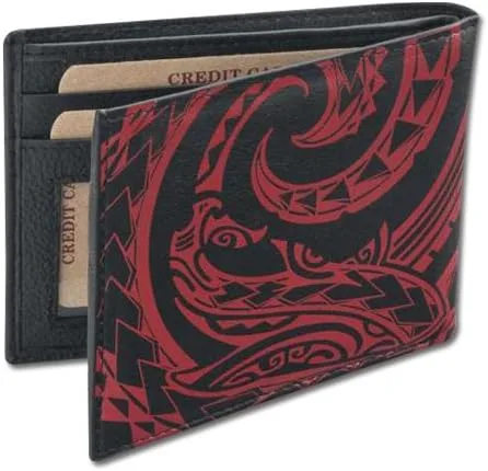 Vista 3 de Cartera plegable de tatuaje polinesio para hombre, cuero genuino, arte de tatuaje de tiburón "Mano" por Kuaika Quenga de NAKOA, Negro con tatuaje