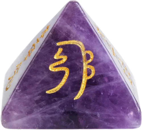 Vista 3 de SUNYIK Pirámide de piedra de amatista, generador de energía de punto de cristal, grabado curativo chakra, símbolo de Reiki, decoración metafísica