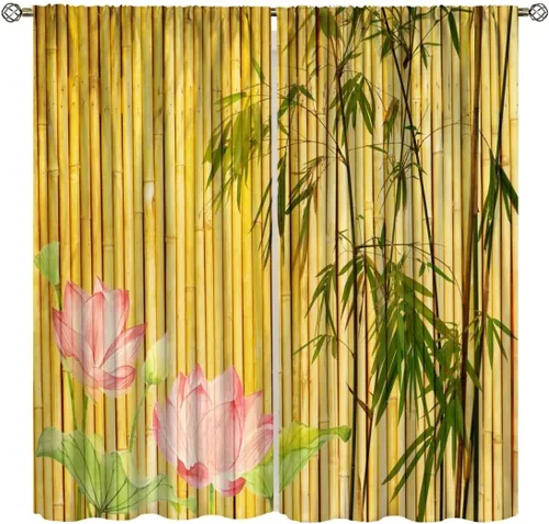 Vista 11 de Cortinas con estampado de bambú, diseño de loto rosa asiático japonés, tela de poliéster, tratamiento de ventana para dormitorio, sala de estar