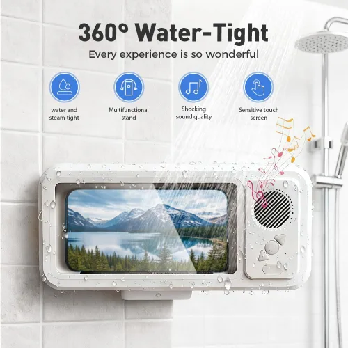 Vista 2 de Soporte para teléfono de ducha con altavoz Bluetooth inalámbrico, soporte impermeable para teléfono con altavoz, funda de teléfono de ducha