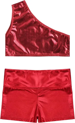 Vista 4 de Hansber Conjunto de 2 piezas de gimnasia para niñas y niñas, con un hombro descubierto, camiseta corta brillante y pantalones cortos atléticos