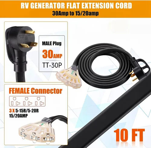 Vista 2 de Tellegloww Cable generador plano para RV NEMA TT-30p a 3X 5-20R/5-15R de 10 Negro