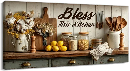 Vista 40 de TIMUBA Decoración de pared de cocina de granja, arte de pared de cocina con texto en inglés "Bless This Home and All Who Enter Kitchen Blessing