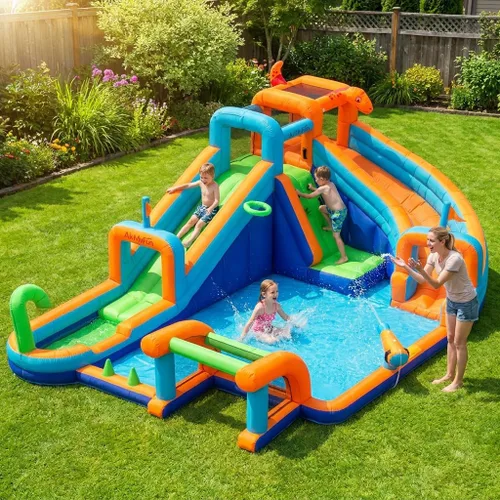 Vista 8 de AirMyFun Casa inflable de dinosaurio, tobogán acuático inflable de 2 toboganes para niños con pared de escalada, pozo de pelotas y portería