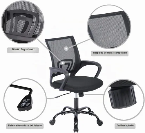 Vista 6 de Dopinmin Silla de oficina en casa, silla de escritorio ergonómica Silla de Sillas de escritorio giratorias ejecutivas con reposabrazos, soporte Negro