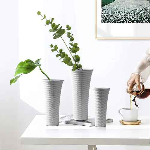 Vista 6 de ComSaf - Jarrones blancos para decoración de cerámica, juego de 3, jarrones de porcelana únicos para decoración del hogar, jarrones estilo ratán