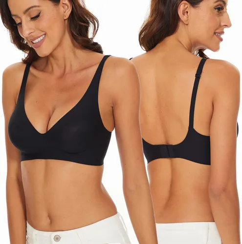Vista 2 de Brasier sin varillas sin costuras para mujer, brasier invisible en V profundo con relleno extraíble