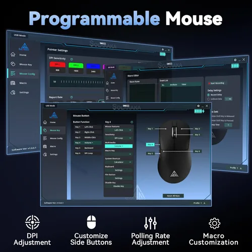 Vista 8 de SOLAKAKA SM822 - Mouse inalámbrico para juegos con base de carga, mouse inalámbrico de tres modos, sensor óptico PAW3311, hasta 24,000 DPI, mouse