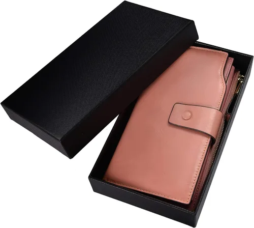 Vista 6 de woogwin Cartera de embrague de cuero genuino de lujo de gran capacidad RFID para mujer, Cera rosa